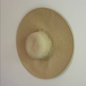 Elegant Tan Sun Hat with Pearl Accents